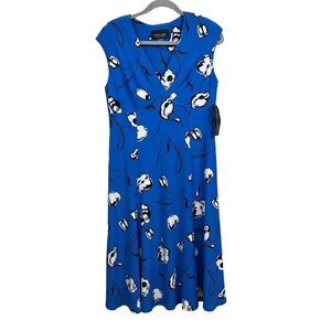 Black Label Evan Picone Floral Midi Dress VNeck Sleeveless Blue Black Women Sz 8